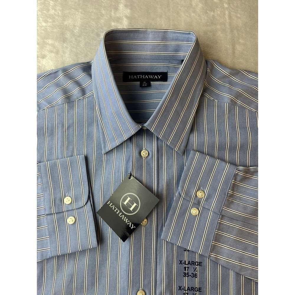 HATHAWAY Men's Long Sleeve Button Up Stripped Dress Blue White Shirt Size XL